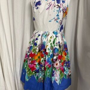 Border print Floral Sleeveless Dress with Blue Hem